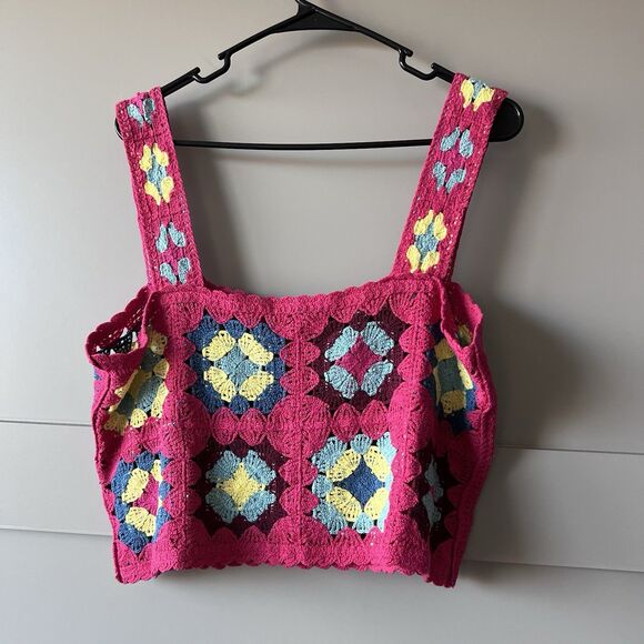 Witty Fox Floral Crochet Crop Tank Top Womens XL Pink Festival Geometric Boho - Picture 2 of 9